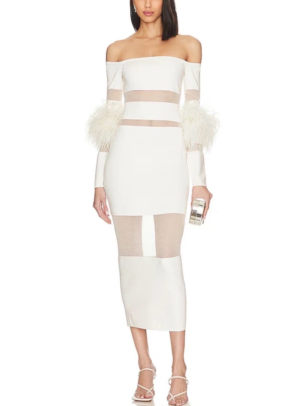 Lapointe White Striped Sheath REAL Ostrich Feather Shoulder Square Neck Midi S